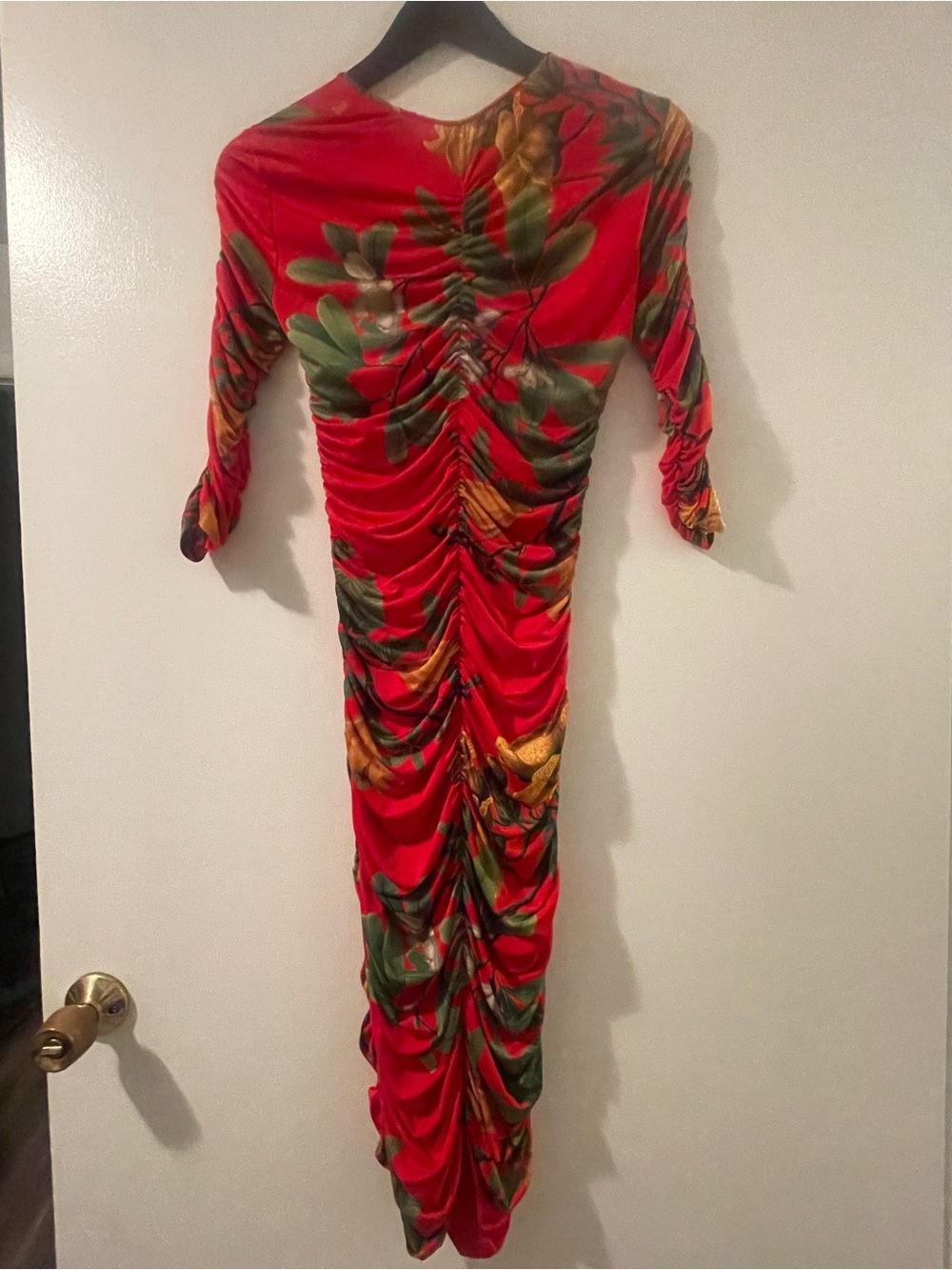 Red Floral Ruched Dress